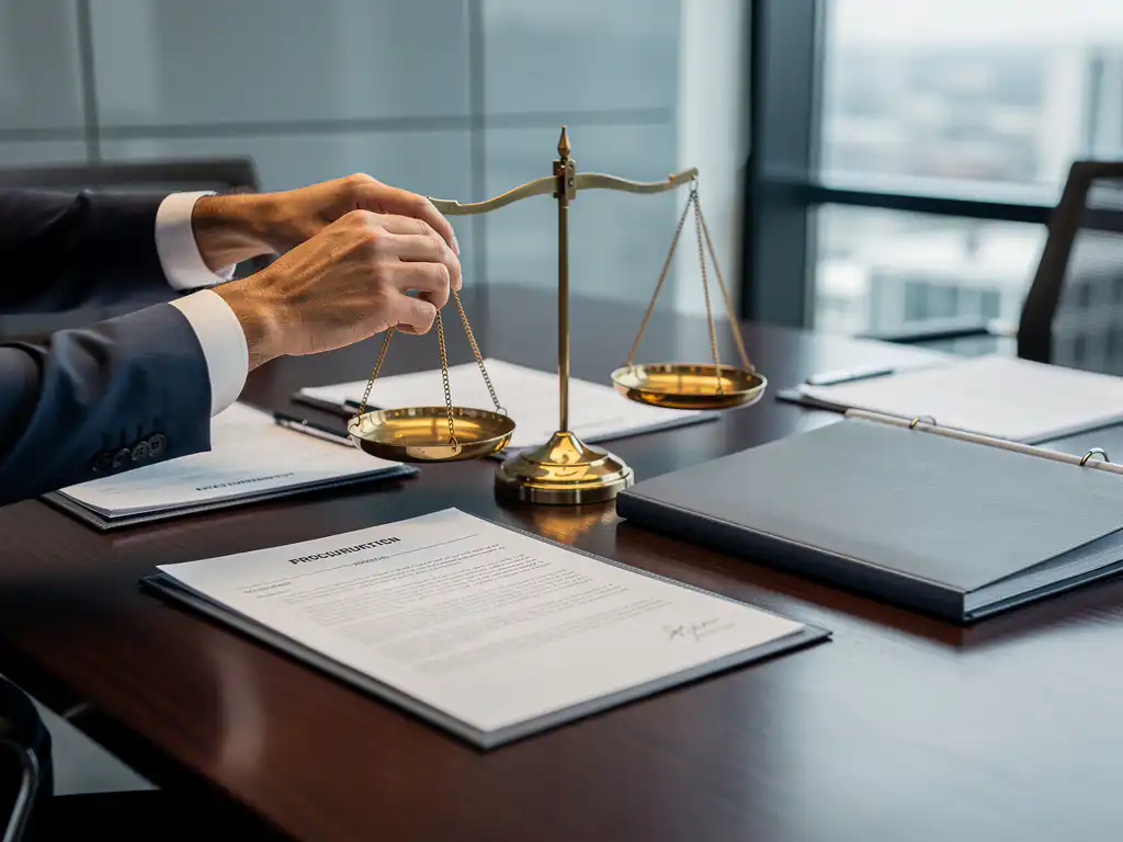 Overheidsfunctionaris rangschikt messing weegschalen op vergadertafel naast aanbestedingsdocumenten en formeel voorstel.