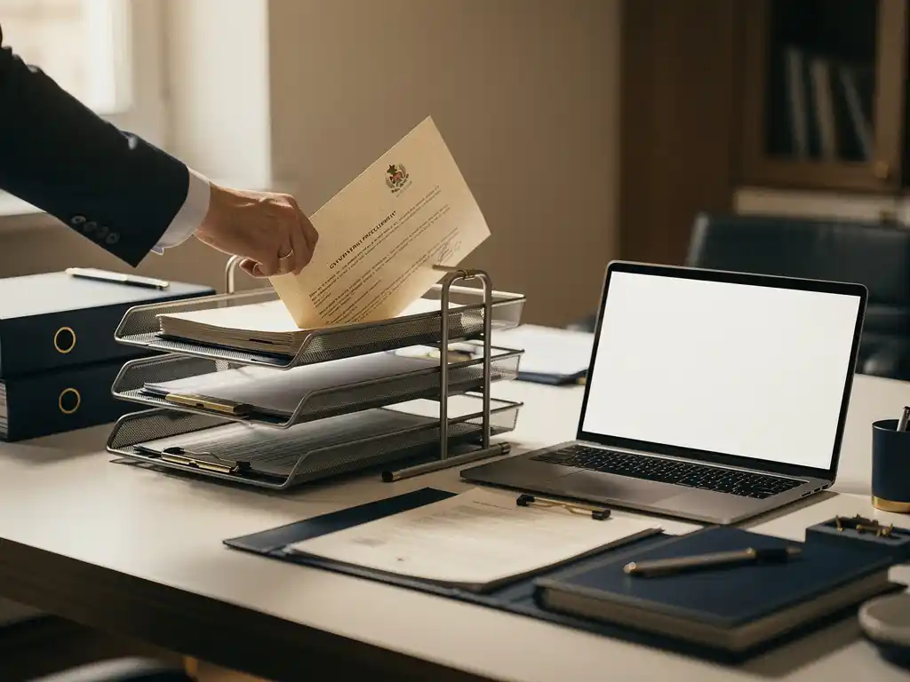 Consultant die een overheidsdocument in een gestructureerd archiefsysteem plaatst, met laptop op modern bureau in marineblauw en ivoor tinten.