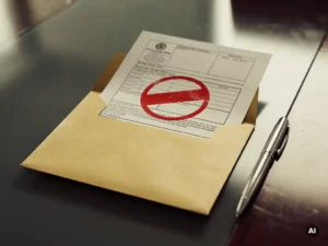 Opengevouwen manilla envelop op vergadertafel met gedeeltelijk zichtbaar overheidsdocument voorzien van rood annuleringsstempel en pen ernaast.