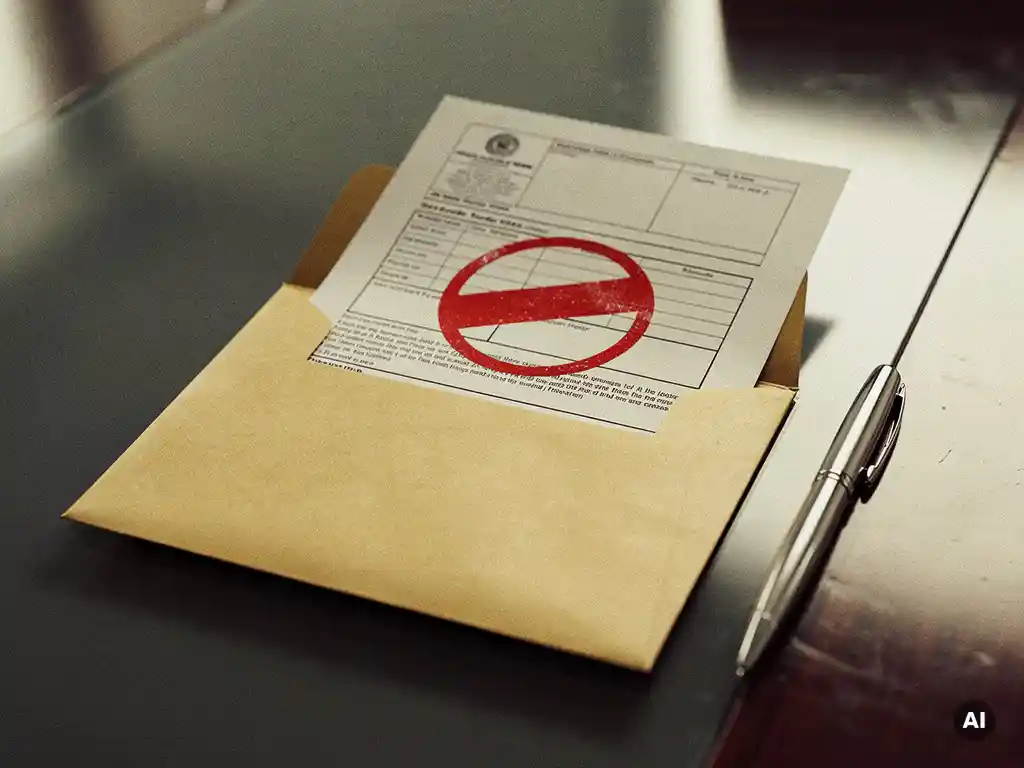 Opengevouwen manilla envelop op vergadertafel met gedeeltelijk zichtbaar overheidsdocument voorzien van rood annuleringsstempel en pen ernaast.