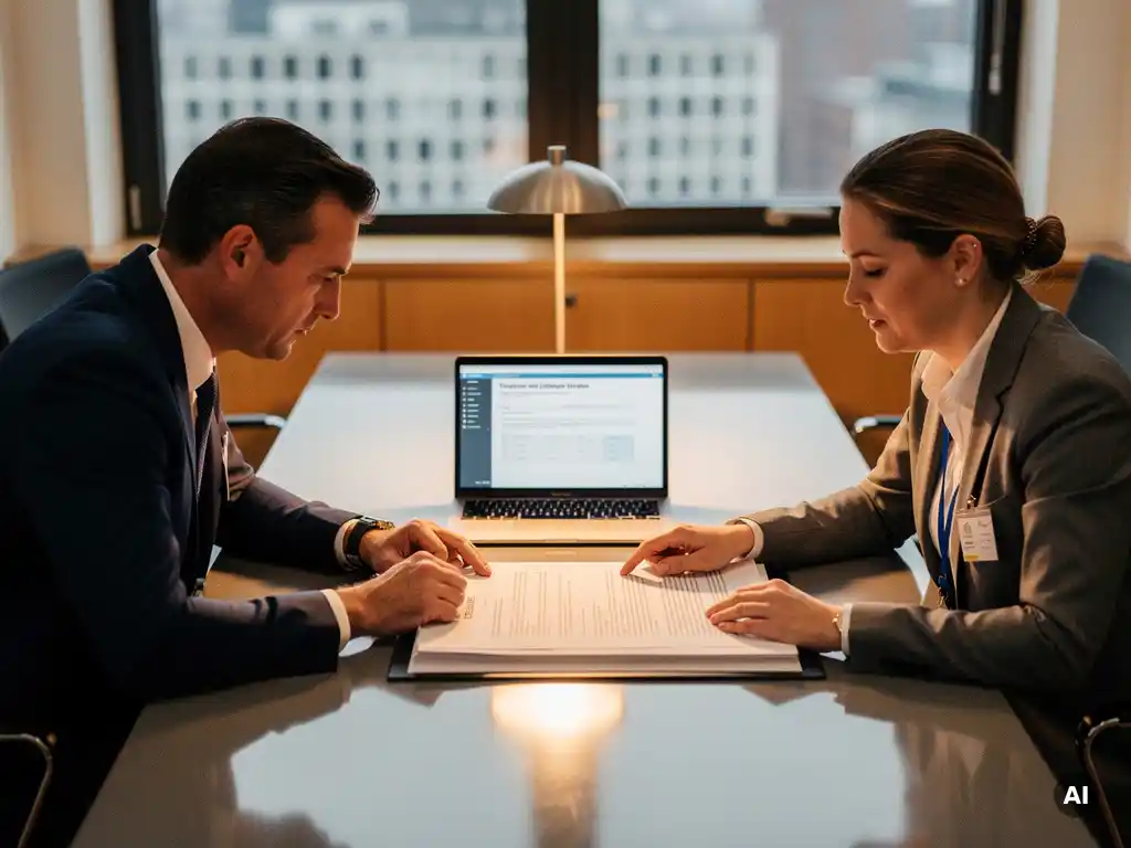 Consultant en overheidsinkoper bespreken aanbestedingsdocument aan vergadertafel met laptop in modern Nederlands kantoor.