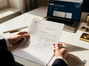 Consultanthanden die een officieel aanbestedingsdocument bestuderen, laptop met inkoopportaal op achtergrond, professioneel kantoor.