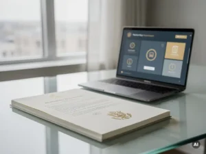Officieel aanbestedingsdocument met formeel zegel op glazen bureau naast laptop met biedportaal, professionele kantooromgeving.