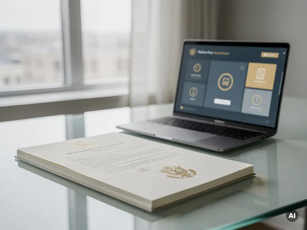 Officieel aanbestedingsdocument met formeel zegel op glazen bureau naast laptop met biedportaal, professionele kantooromgeving.