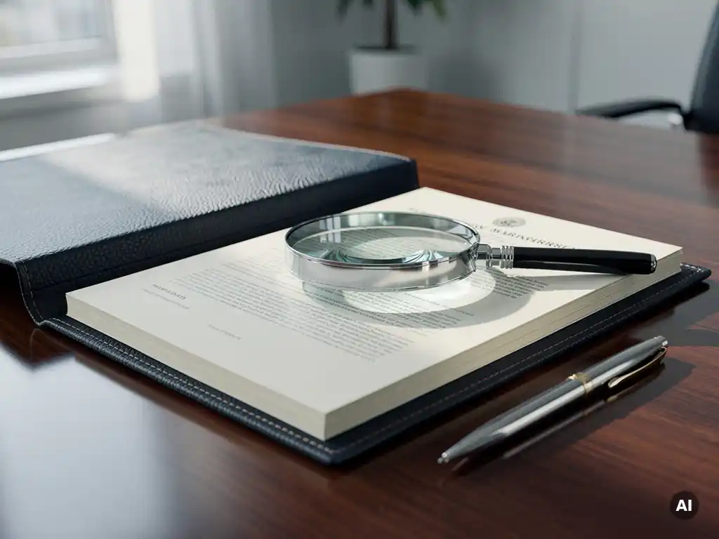 Opengeslagen juridische documentenmap op vergadertafel met overheidsaanbestedingsdocument onder vergrootglas en pen.