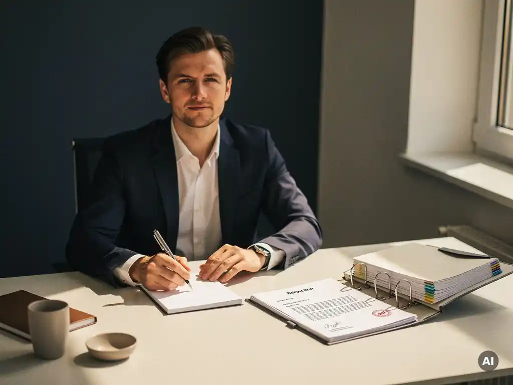 Consultant aan modern bureau met open afwijzingsbrief naast tenderdossier, pen in hand, klaar voor strategische heroriëntatie.