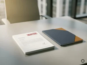 Afgewezen tenderdocument met rood afkeurstempel op consultancybureau, naast een verzorgde reserveofferte in marineblauw en amber licht.