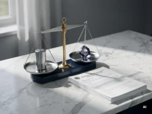 Analytische weegschaal die een roestvrijstalen gewicht en een geslepen edelsteen balanceert, naast een overheidsaanbestedingsdocument op wit marmer.