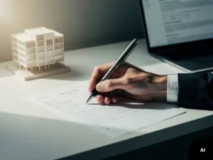 Consultant die een pen op een gestructureerd document houdt, met laptop en architectuurmodel op wit bureau.