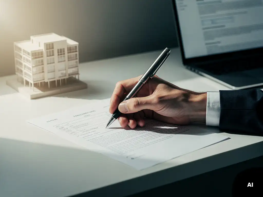 Consultant die een pen op een gestructureerd document houdt, met laptop en architectuurmodel op wit bureau.