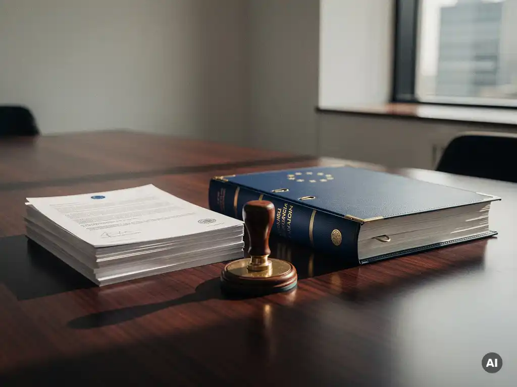 Stapel overheidsinkoopcontracten naast een EU-regelgevingsbinder op een vergadertafel met een officieel stempel, in navy en ivoor tinten.