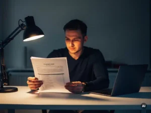 Freelancer bestudeert een uitgeprinte overheidsopdracht aan een minimalistische bureau, verlicht door een warme bureaulamp.
