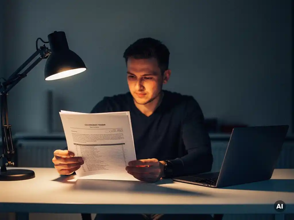 Freelancer bestudeert een uitgeprinte overheidsopdracht aan een minimalistische bureau, verlicht door een warme bureaulamp.