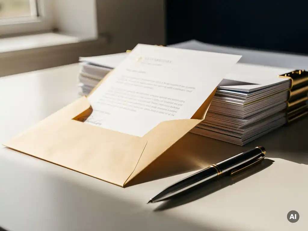 Formele gunningsbrief in manilla envelop op modern bureau naast geordende aanbestedingsdocumenten en diagonaal geplaatste pen.