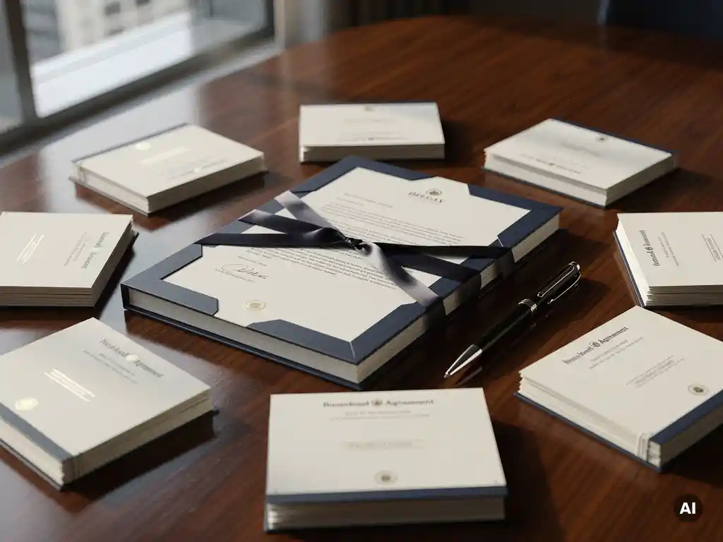Formeel contractdocument gebonden met donker lint op vergadertafel, omringd door sub-overeenkomsten en een pen, in marineblauw en ivoor tinten.