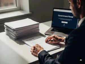 Professional ordent aanbestedingsdocumenten op bureau met laptop waarop een overheidsportaal zichtbaar is.