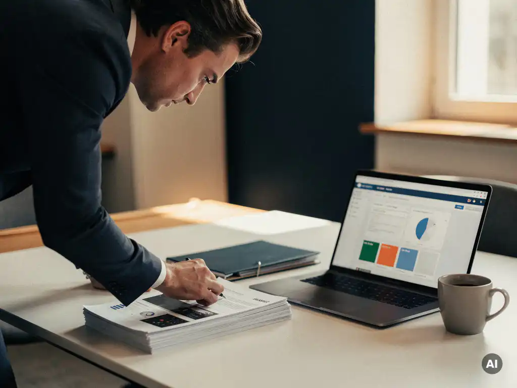Consultant bestudeert aanbestedingsdocumenten aan modern bureau met laptop waarop overheidsportaal zichtbaar is.