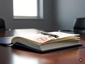Opengevouwen juridische map met rood afwijzingsstempel op conferentietafel, pen liggend op gemarkeerde pagina's, kantooromgeving met natuurlijk raamlicht.