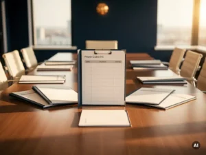 Vergadertafel met voorstelsmappen in een boog, centrale map open met evaluatieformulier, warm kantoorlicht door grote ramen.
