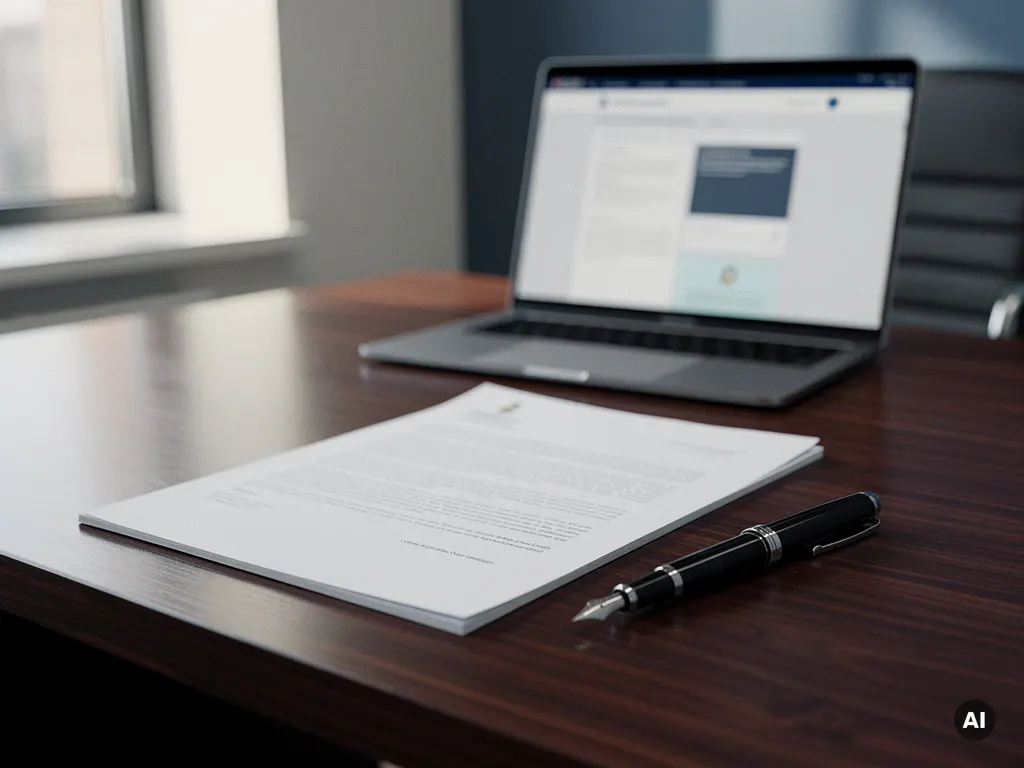 Officieel declaratiedocument op donker eikenhouten bureau naast vulpen, met overheidsaanbestedingsportaal zichtbaar op laptopscherm op de achtergrond.
