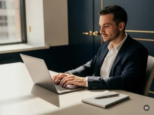 Ondernemer registreert op een overheidsinkoopportaal achter een modern bureau met laptop en notitieboek.
