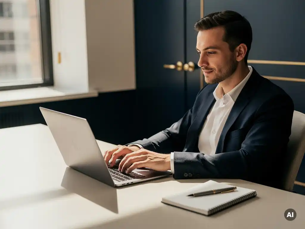 Ondernemer registreert op een overheidsinkoopportaal achter een modern bureau met laptop en notitieboek.