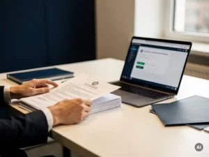 Handen die officiële documenten ordenen naast een laptop met overheidsaanbestedingsportaal op een modern bureau.
