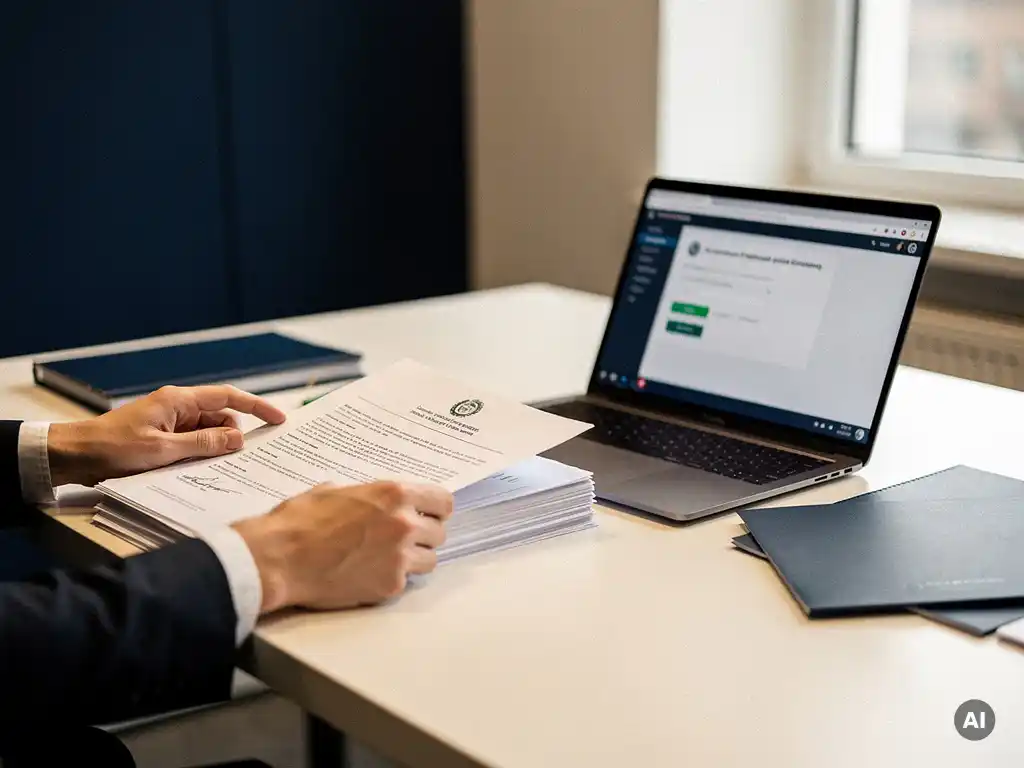 Handen die officiële documenten ordenen naast een laptop met overheidsaanbestedingsportaal op een modern bureau.