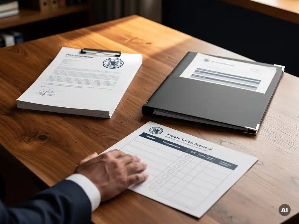 Eiken bureau met overheidsdocument en privésectorvoorstel naast elkaar, hand op vergelijkingschecklist, warm kantoorlicht.
