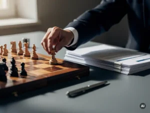 Consultant plaatst schaakstuk tijdens strategieplanning, omringd door aanbestedingsdocumenten en pen op grijs bureau.